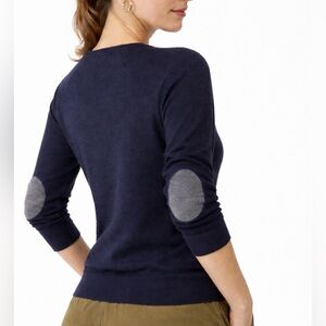 COS 100% Merino Wool V-Neck Sweater Navy Elbow Patch Minimalist Size Medium
